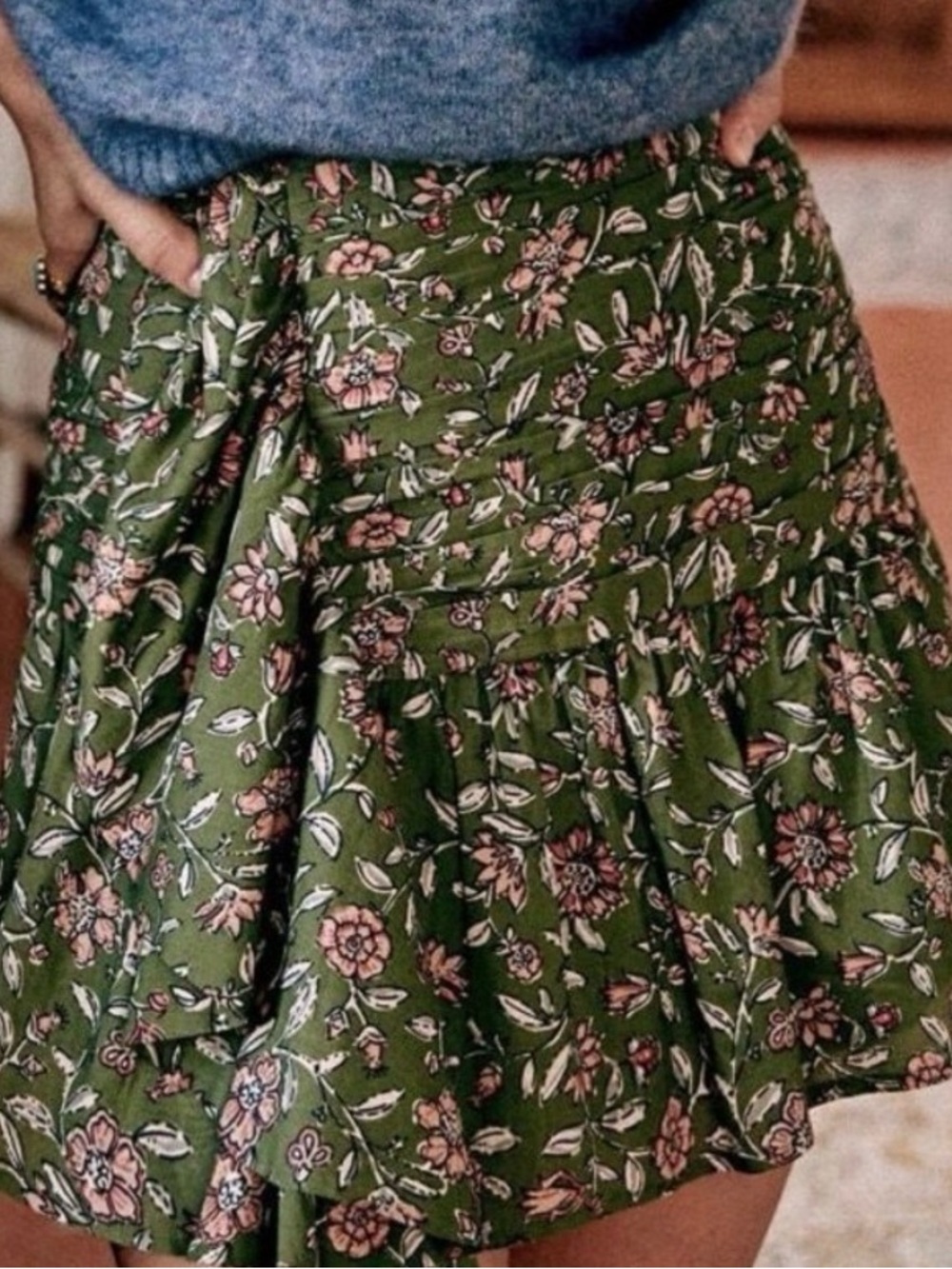 Sezane Olive Green Floral Mini Skirt with Pink Print